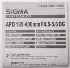Bedienungsanleitung Sigma APO 135 - 400mm F4.5 - 5.6 DG Gebrauchsanweisung
