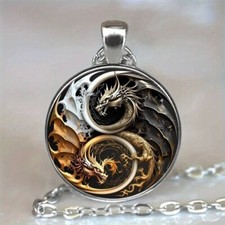 Kette mit  2 Drachen Tai-Chi Drachen Anhänger rund