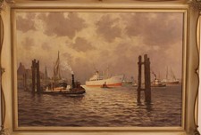 Großes Gemälde Malerei Signiert Hans Porwoll Ölgemälde Hamburg Landungsbrücken