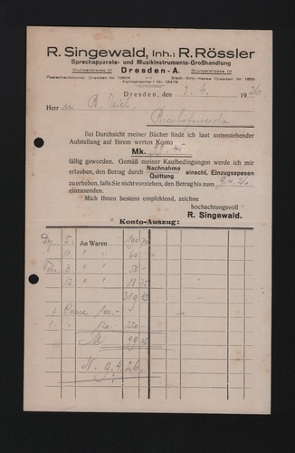 Dresden rechnung 1926 r - rechnung,