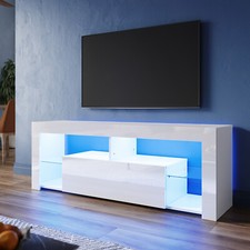 TV Schrank mit LED Lowboard Fernsehtisch Schubladen Tisch Weiß Hochglanz 140cm