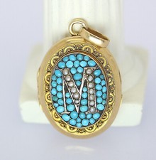 Medaillon in 18 kt 18k 750 er Gelb Gold mit Türkisen Saatperlen Anhänger Antik