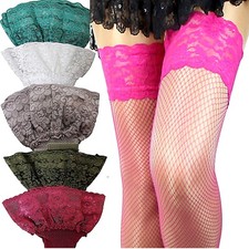 Halterlose Netz Strümpfe Blumenspitze viele Farben Netzstrümpfe S-XXL Plus Size