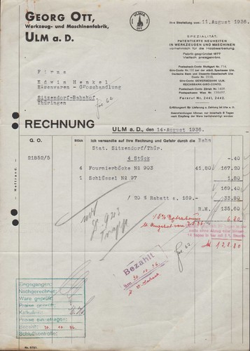 Ulm rechnung 1936 werkzeug - ulm,, 1936,