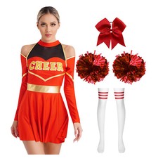 DE Cheer-leader Kostüm Damen Cheerleaderingkleid mit Haarband Pompons und Socken