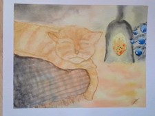 Schlafende Katze , Aquarell