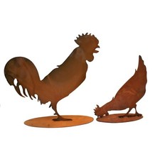 Edelrost Gartendeko Figuren Hahn und Henne im Set | Landhaus Rost Deko Garten 