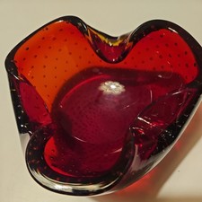Glas Aschenbecher Schale Vintage Murano Stil mit Luftblasen Rubin Rot