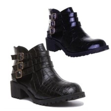 Damen Blockabsatz Mehrere Riemchen Stiefeletten Schwarz Kroko Effekt Größe Eu 3