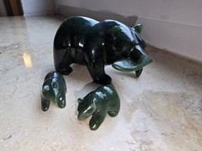 Bären Beim Lachsfang, 2 Kleine Figuren, Grün, Nephrit/Jade, 1x 10 cm, 2x 3  cm