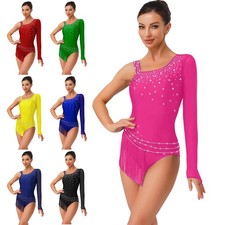 Damen Kostüm Leotard Kleid Tanz Bodysuit Asymmetrisch Tanzkleidung Strass Glanz
