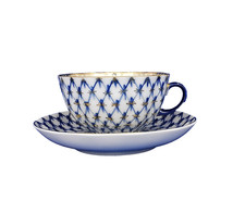 LOMONOSOV Kobaltnetz Teegedeck USSR Große Teetasse + Untertasse Tulip
