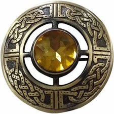 Neu Keltisch Kilt Fly Plaid Brosche Gelb Stein Antik 7.6cm Schottische Stift &