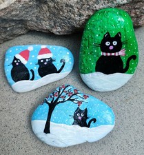 Bemalte Steine 3 Stück?‍⬛ Katzen im Schnee❄️Winter Weihnachten