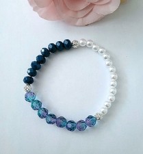 Sylvie's Armband Kristall/Perlen weiss  blau  handmade 19 cm dehnbar / 1460