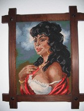 Gobelin, Gobelinbild, Zigeunerin, gerahmt, Holzrahmen, Handarbeit