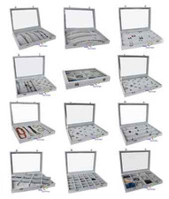 Schmuckdisplay Schmucklade Schmucktablett Juwelier mit Glasdeckel grau