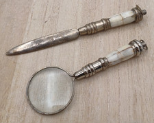 Vintage Schreibtisch Set Brieföffner Lupe Perlmutt Griffe Antik
