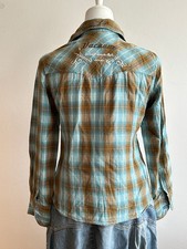 Bluse 100% Baumwolle Western Stickerei Karo Hemd grün braun Damen S/M Vacuum