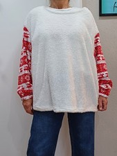 Damen Pullover Weihnachten Teddyfell warm Gr. 5XL 22 54 weiß rot kuschelig  