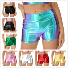 DE Damen Sexy Metallic Booty Shorts Hohe Taille Glänzende Raves Tanz Clubwear