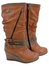 Mustang Damen Stiefel Gr. 38 Braun Casual Keilabsatz Reißverschluss Schnallen