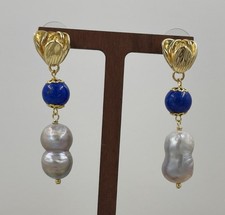 Handgefertig Natürlich Weiß Barock Perle 12X15mm & Lapislazuli Ohrringe Drop 