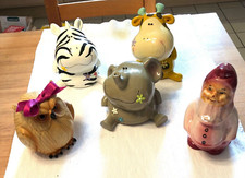 5 x Keramik Spardose handbemalt Elefant Giraffe Zebra Eule Zwerg Wicht