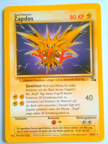 Pokemon karte zapdos - zapdos, 30/62