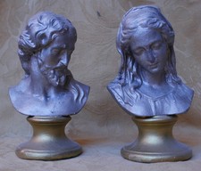 Christus und Maria, 2 Büsten, Stuck, 15 cm, Silber- und Goldbronze, um 1900