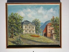 Villa mit Fabrik i.d. Alpen Acryl auf Leinwand signiert mit Richter 1967