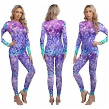 DE Damen Meerjungfrau Fischschuppen Ganzanzug Langarm Body Overall Kostüm