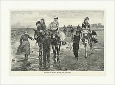 Spazierritt am Strande Jan Verhas Esel Tiere Meer Kinder Watt Holzstich A 0470