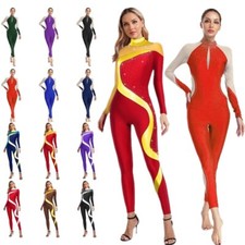 Damen Turnanzug Ganzkörper Strass Glitzer Langarm Eiskunstlauf Body Overall 