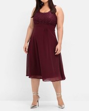 sheego Damen Abendkleid Wadenlang Ärmellos Rundhals Spitze aubergine NEU