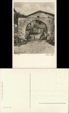 Künstlerkarte A. Lang "Alter Hof" Kind, Mann mit Schubkarre 1920