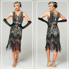 Charleston 1920er Jahre Kleid mit V-Ausschnitt, Pailletten, Perlen, Fransen Gr.S