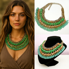 XXL Statement Collier Grün Gewebt mit Ketten & Perlen, Boho Ethno Stil