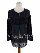 Jacke Poncho Überwurf Damen Schwarz Langarm Gr. 34 Fransen Hippie Western Biker
