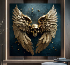 XL LEINWAND BILDER BIS 140x140x5 TOTENKOPF SCHÄDEL GOLDENE ENGELSFLÜGEL WANDBILD