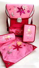 Schulranzen-Set 4-tlg Pink Rosa Mädchen Ranzen Rucksack Strass Glitzer Blumen