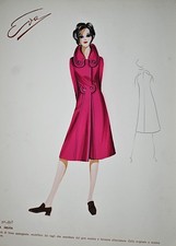 'Eva' weinroter Mantel Mantelkleid - elegante Modezeichnung auf dünnem Karton