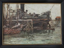 Gemälde Wilhelm Hambüchen Düsseldorf 1869 - 1939 Hafen Schiffe Öl auf Karton