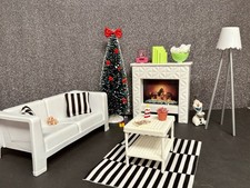 Barbie Möbel Wohnzimmer, Sofa, schränke, Tisch, Tannenbaum, Zubehör, Kaminzimmer
