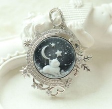 N18 Anhänger Katze im Mondlicht Perlmutt Achat schwarz Silber 925 Schneeflocke