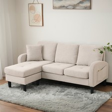 Ecksofa Couch mit Umkehrbar Chaiselongue L Form 3 Sitzer Sofa Leinenstoff Beige
