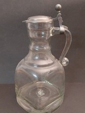 Alte spanische Glas Weinkanne mit Zinndeckel 19. Jahrh. handgefertigt