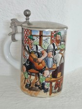 Hofbräuhaus Alter Porzellan Bierkrug Zinndeckel Handbemalt  Stammtisch Musik