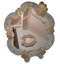 Vintage Murano  Vanity Mirror gold Flowers, Wood Backing, opaline Ornate Frame