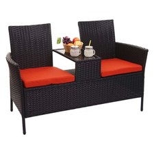 B-Ware Poly-Rattan Sitzbank mit Tisch MCW-E24, 132cm, schwarz, Kissen terrakotta
